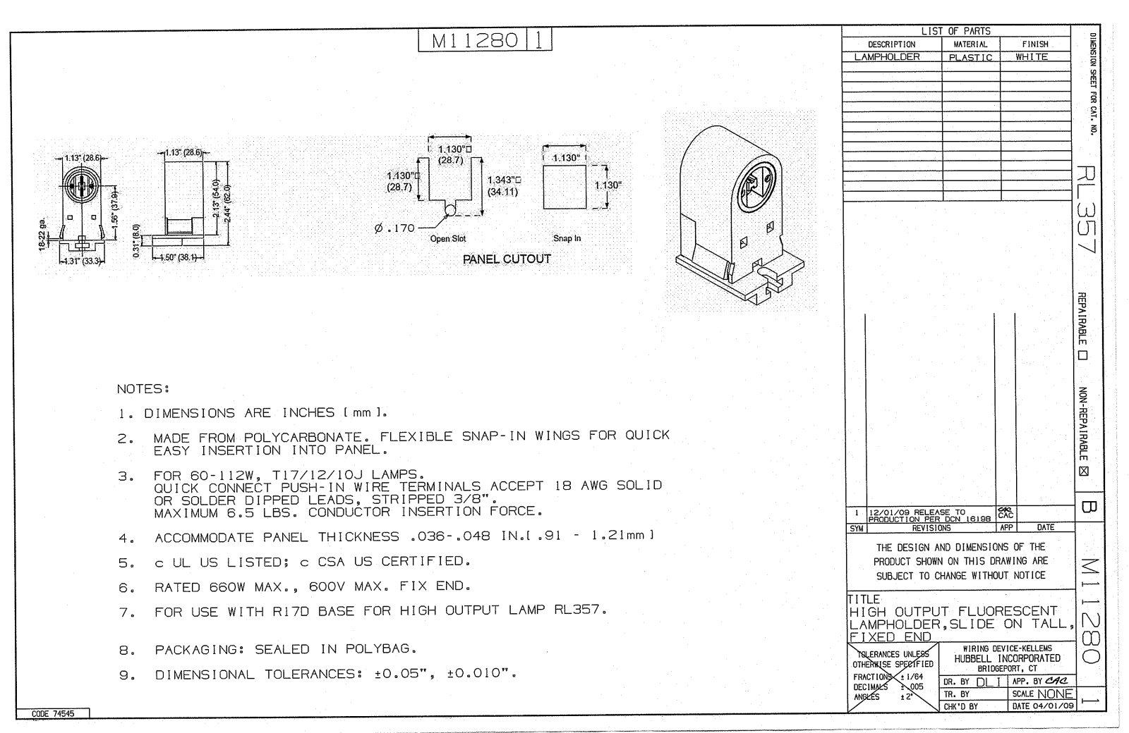 Hubbell RL357 Reference Drawing