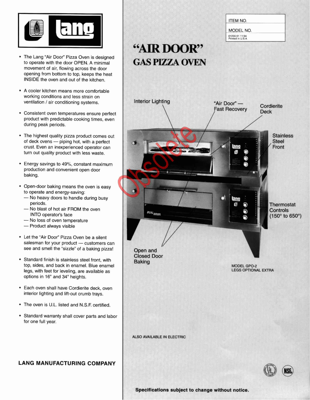 Lang Manufacturing GPO-1 Service Manual