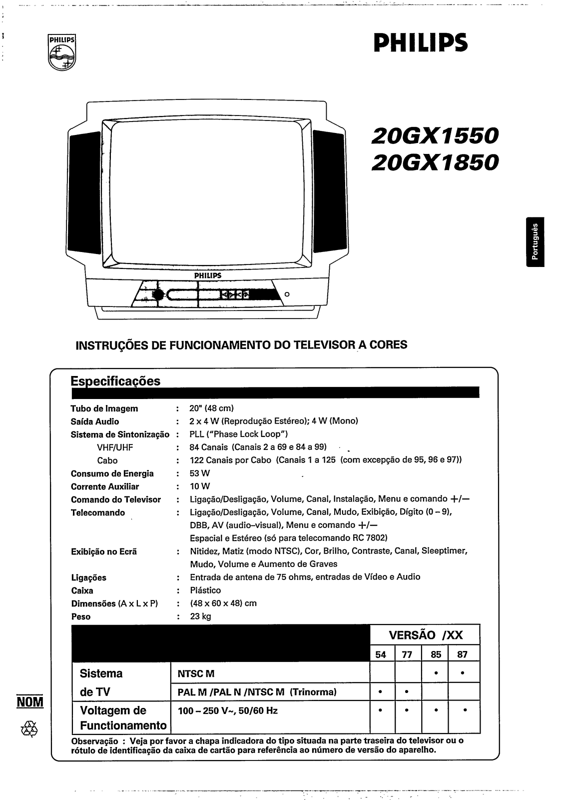 Philips 20GX1850/87R, 20GX1850/54R, 20GX1550/87R User Manual