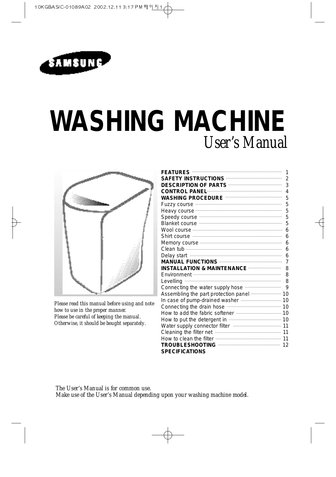 Samsung WA1350S, WA12KS User Manual