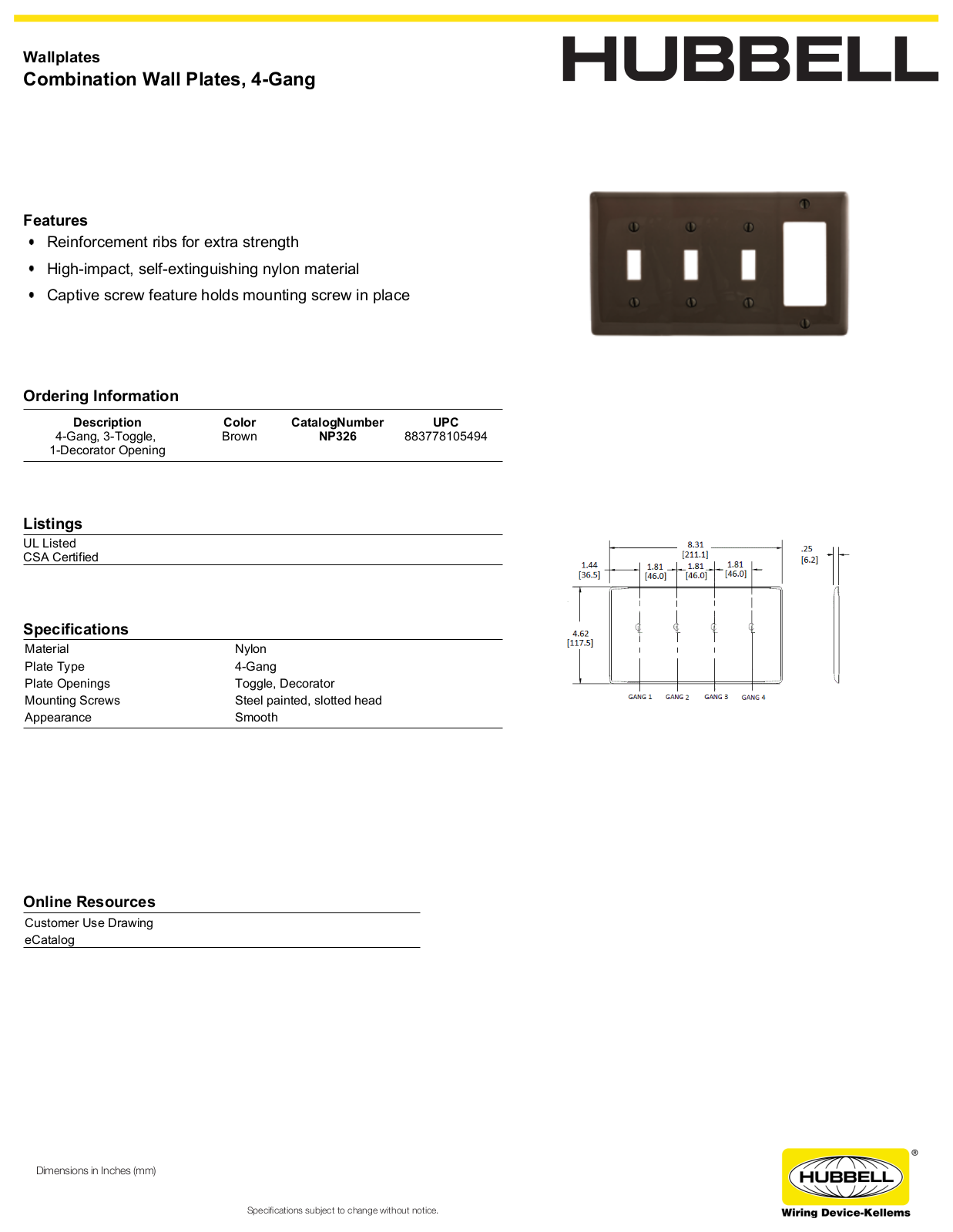 Hubbell NP326 Specifications