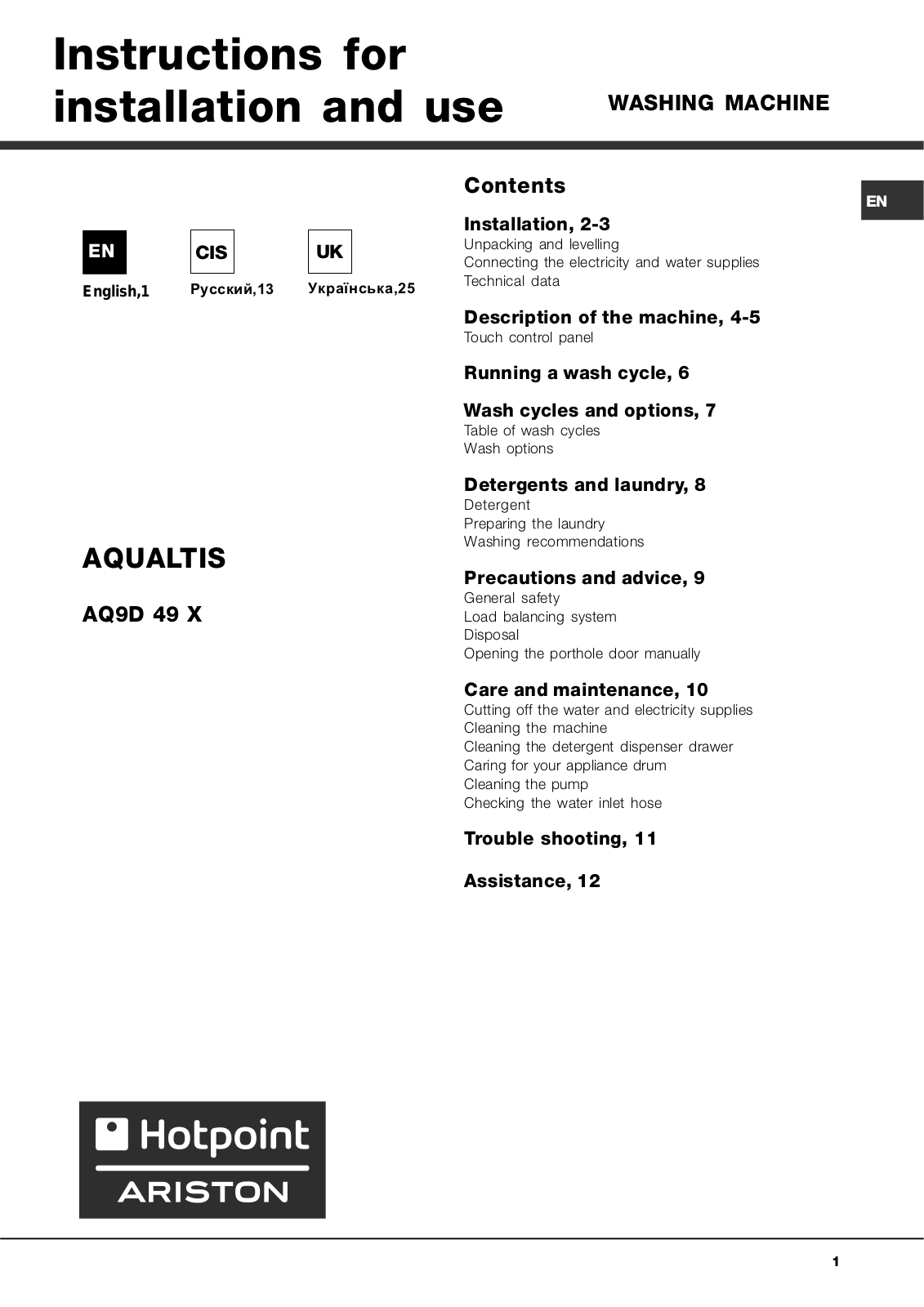Hotpoint-ariston Aqualtis AQ9D 49 X User Manual