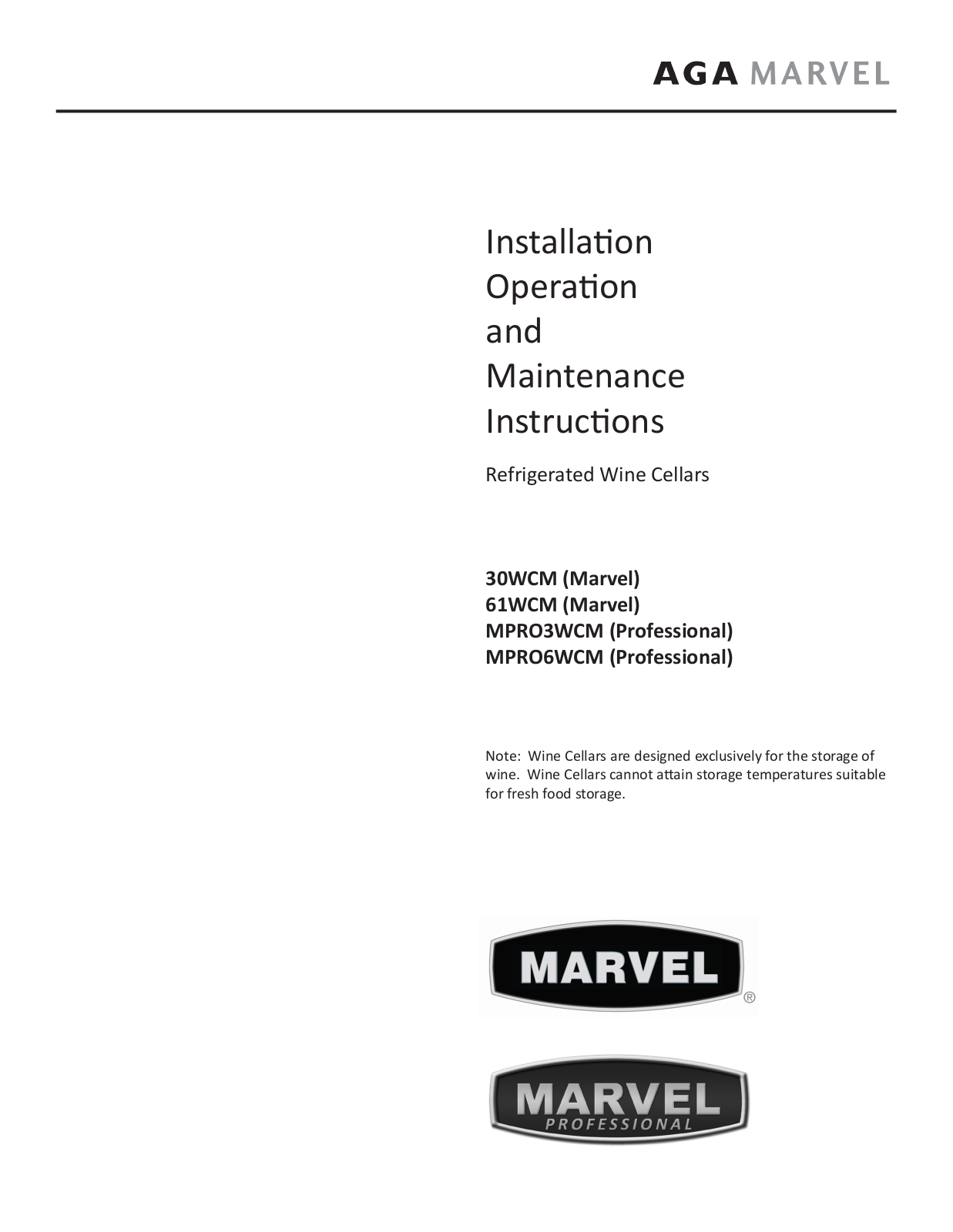 Marvel 61WCMBBOLR, MPRO3WCMBSLR, 30WCMBSGLR, 30WCMBSGLL, 30WCMBBOLL Installation Guide