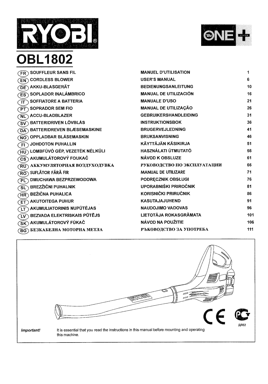 Ryobi obl1802 User guide