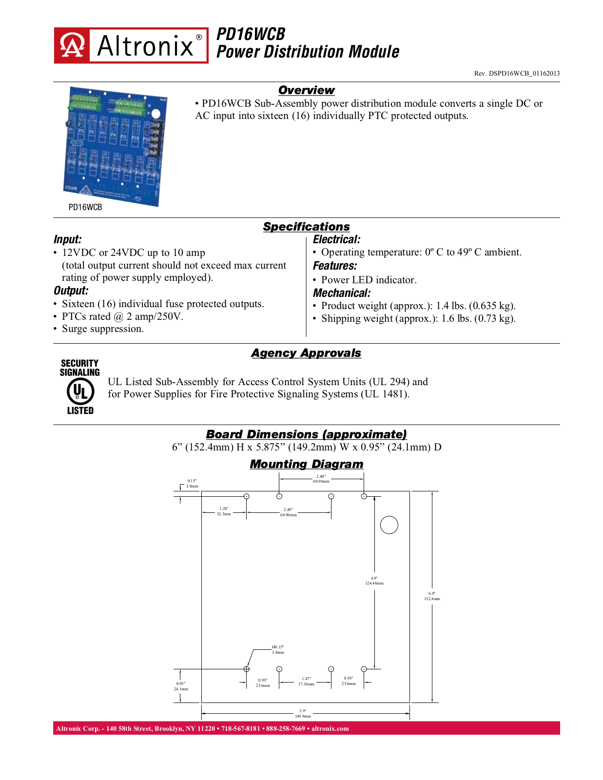 Altronix PD16WCB Data Sheet