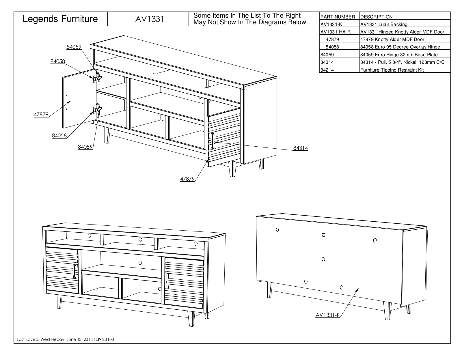 Legends Furniture AV1331 Parts Guide