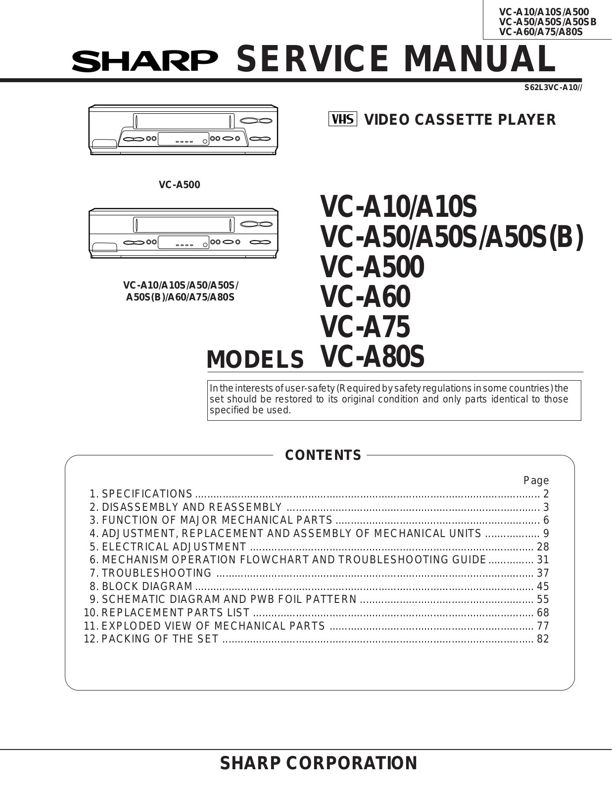 Sharp VC-A10, VC-A10S, VC-A50, VC-A50S, VC-A500 Service manual