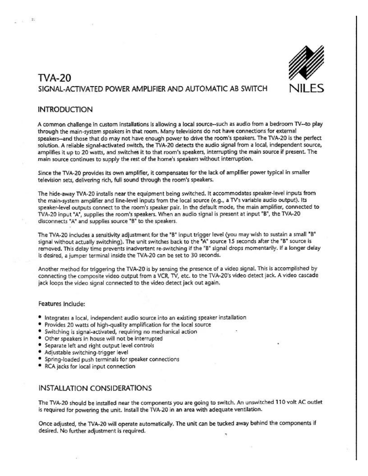 Niles TVA-20 user Manual