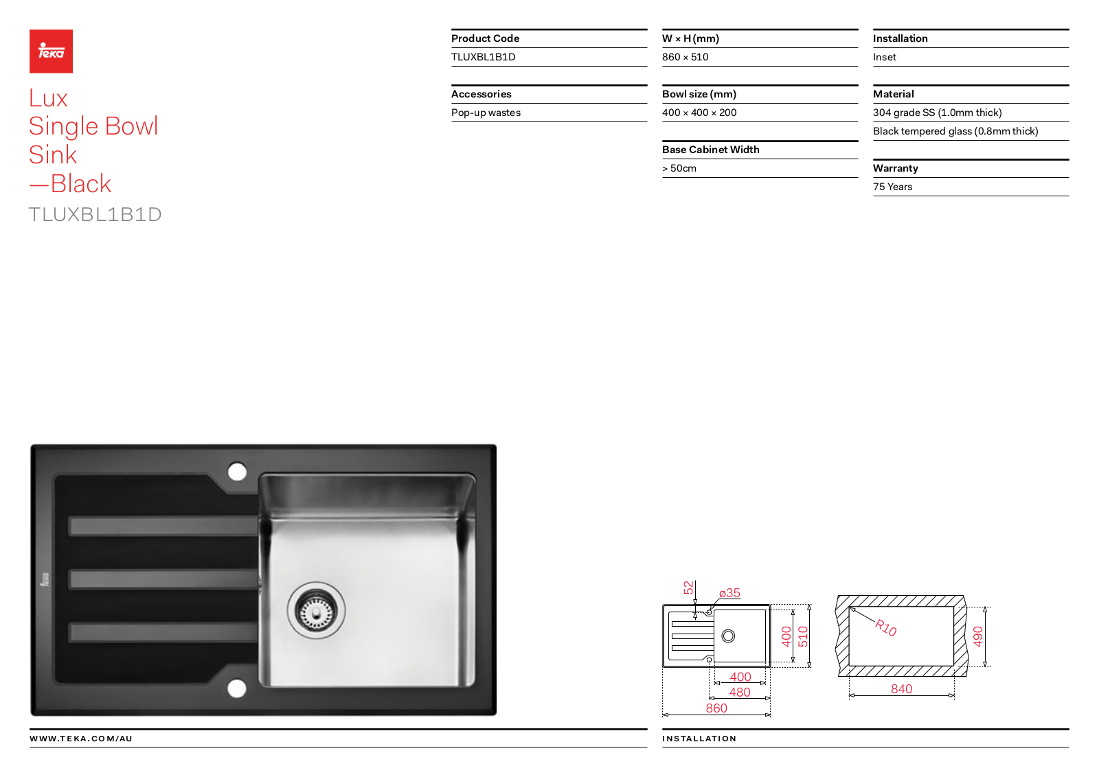 Teka TLUXBL1B1D Specifications Sheet