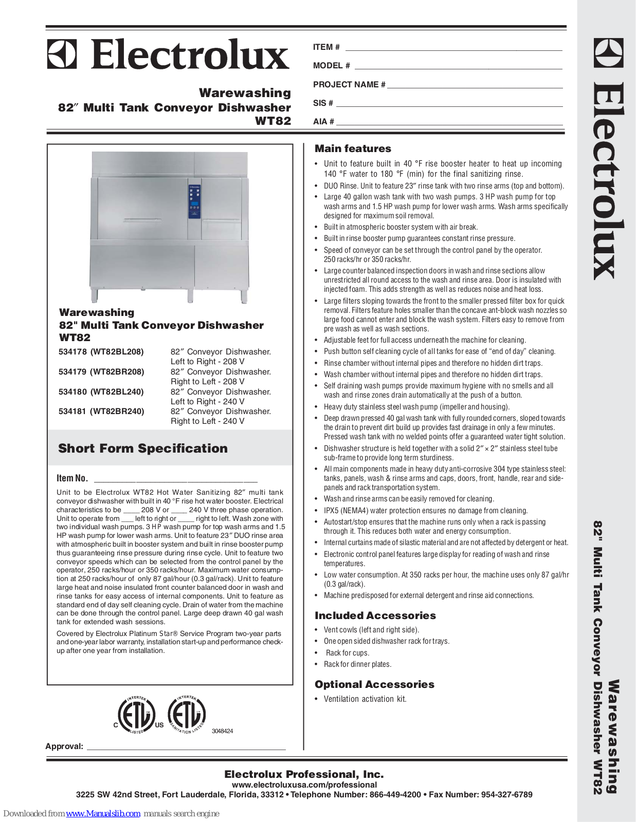 Electrolux 534180, 534179, 534181, WT82, WT82BL208 Specification Sheet - ManualMachine.com