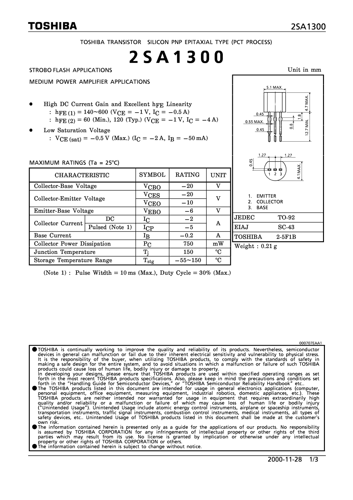 Datasheet 2SA1300 Specification - ManualMachine.com