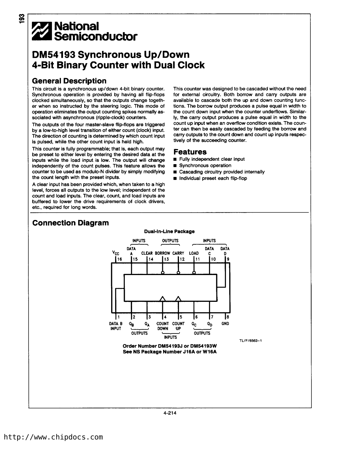 NSC DM54193W, DM54193J Datasheet