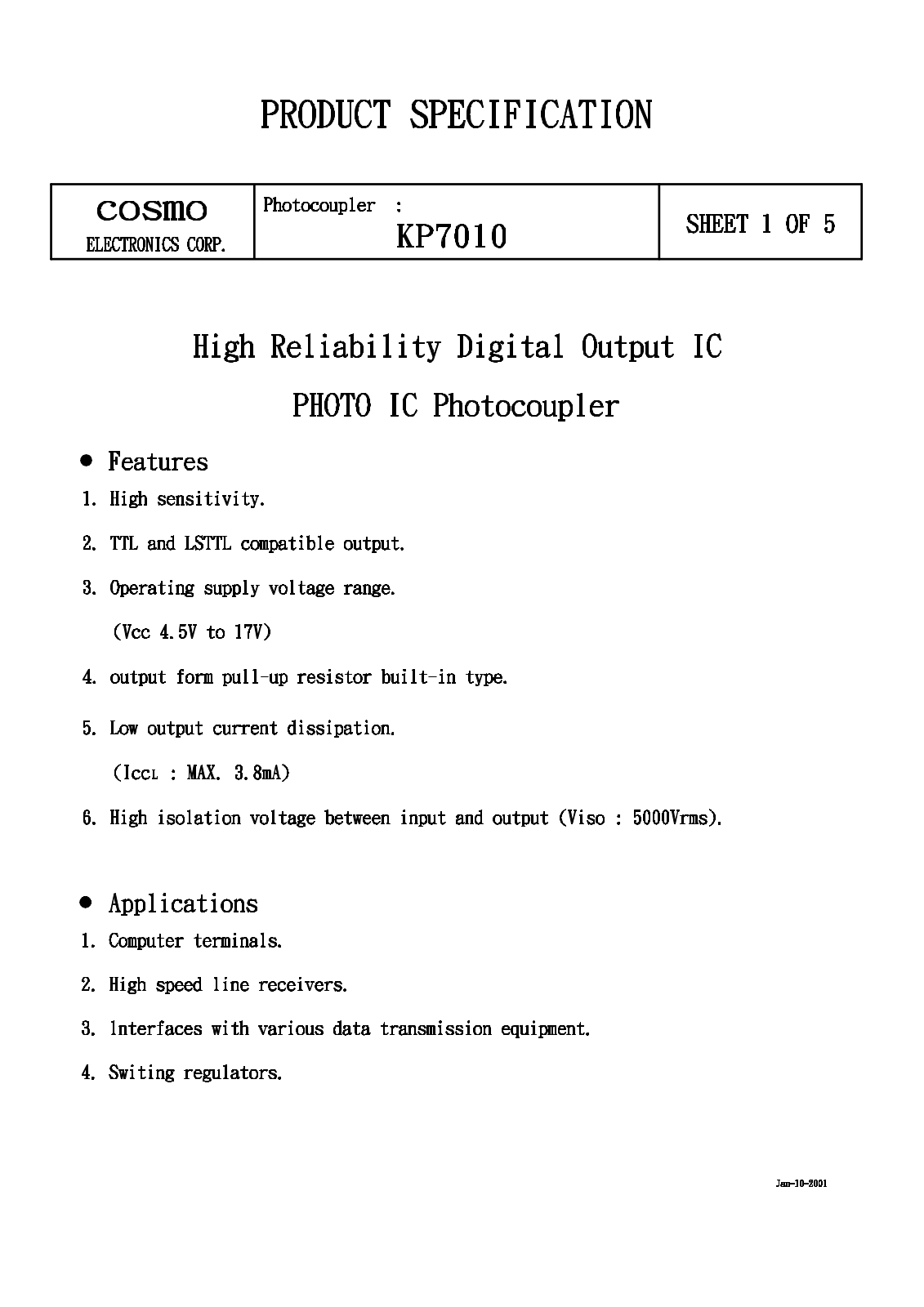 COSMO KP7010 Datasheet