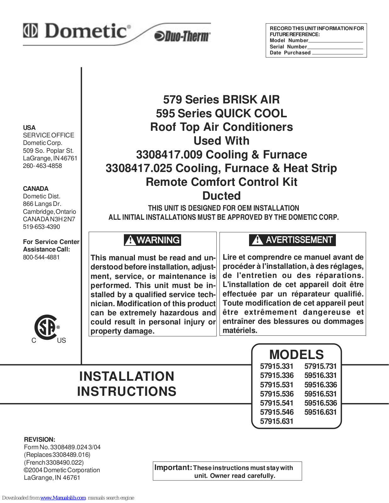 Dometic 57915.531, 3308417.009, 3308417.025, 57915.336, 57915.536 Installation Instructions Manual