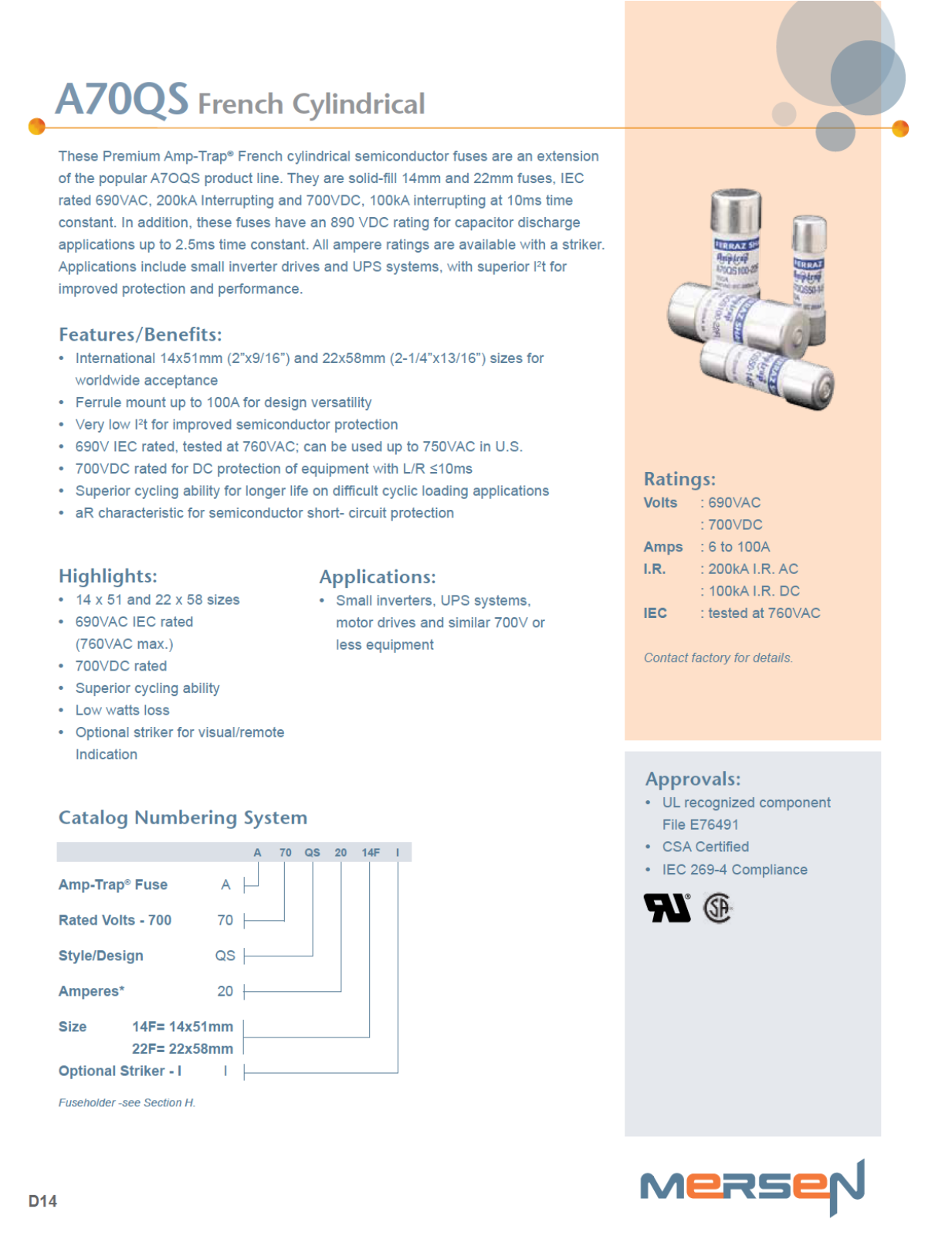 Mersen, formerly Ferraz Shawmut A70QS Data Sheet