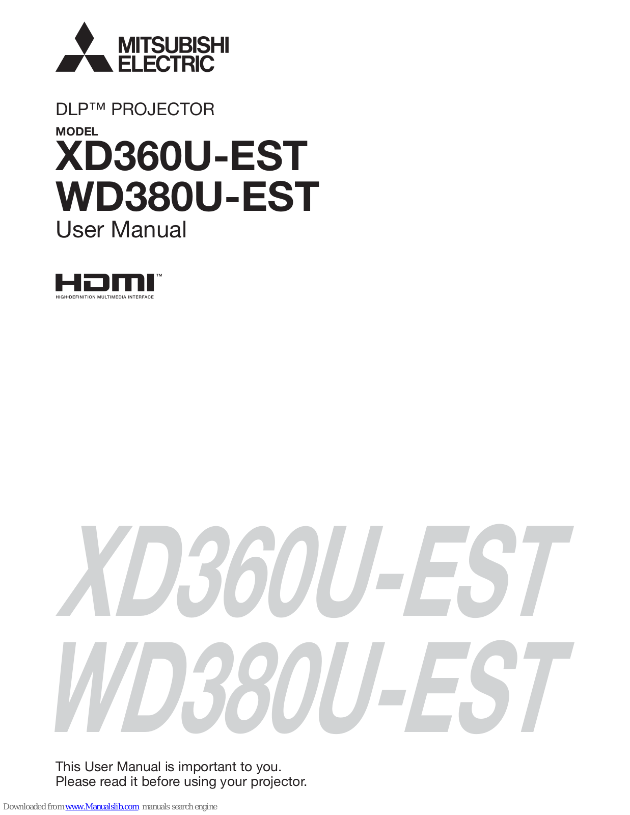 Mitsubishi XD360U-EST, DLP XD365U-EST, DLP WD385U-EST User Manual