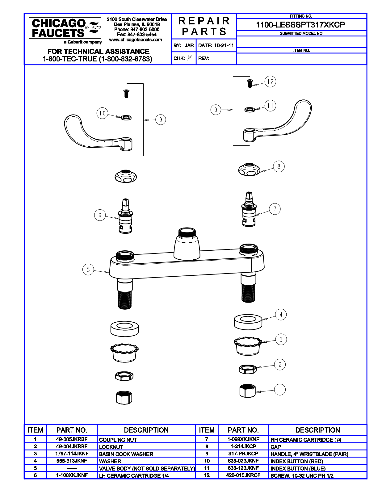 Chicago Faucet 1100-LESSSPT317XKCP Parts List