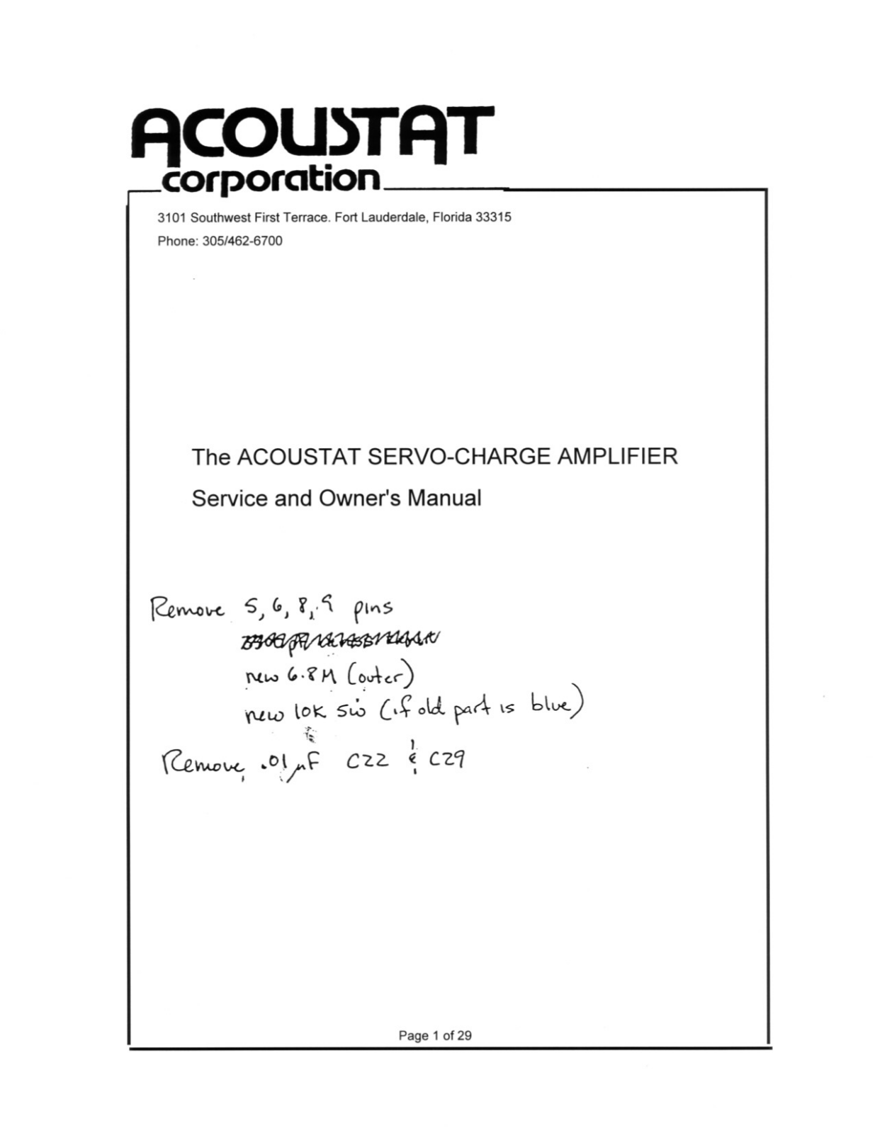 Acoustat Monitor 3, Monitor 4 Service manual