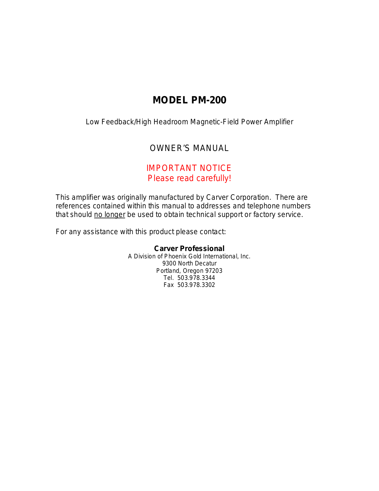 Carver PM-200 User Manual