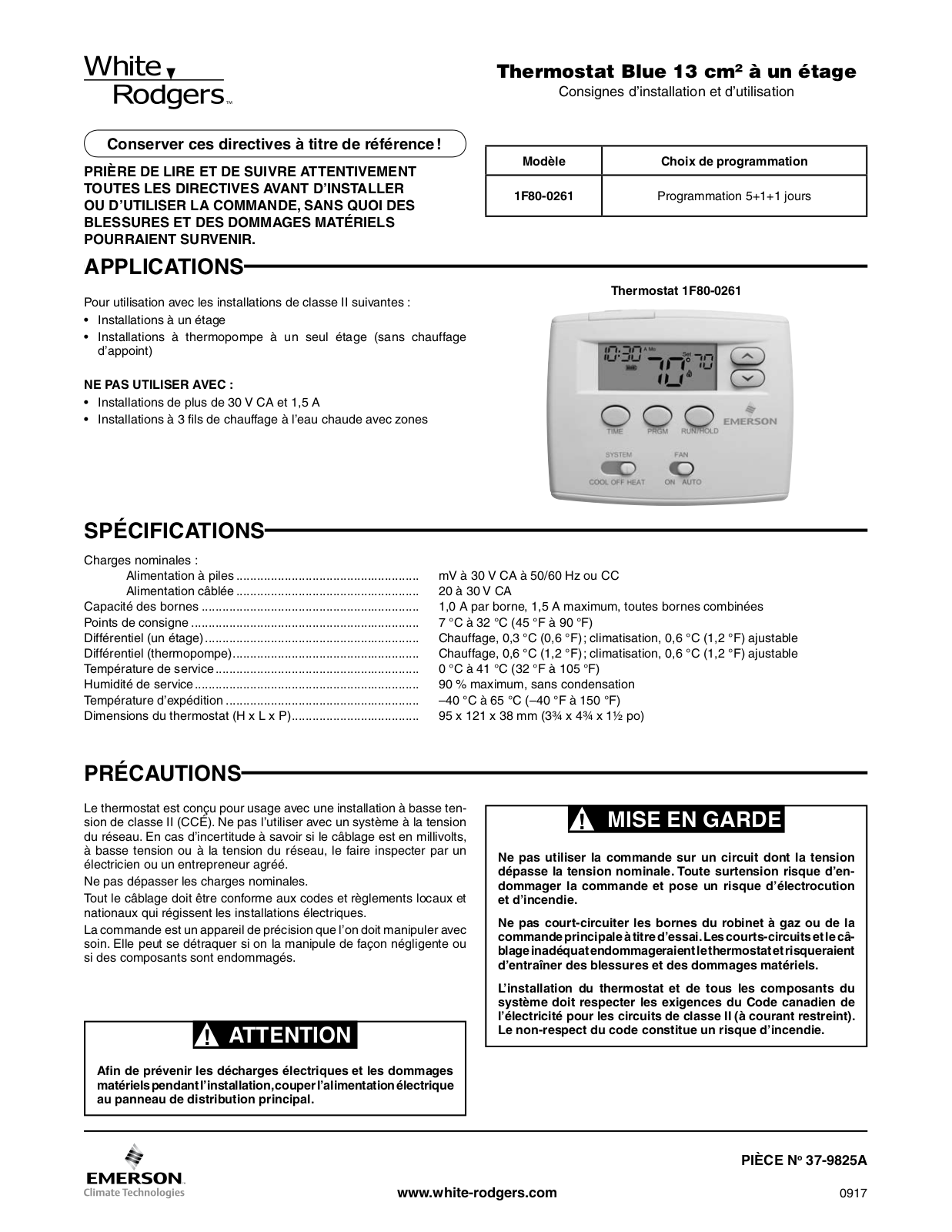 White Rodgers 1F80-0261 Installation and Operation Instructions