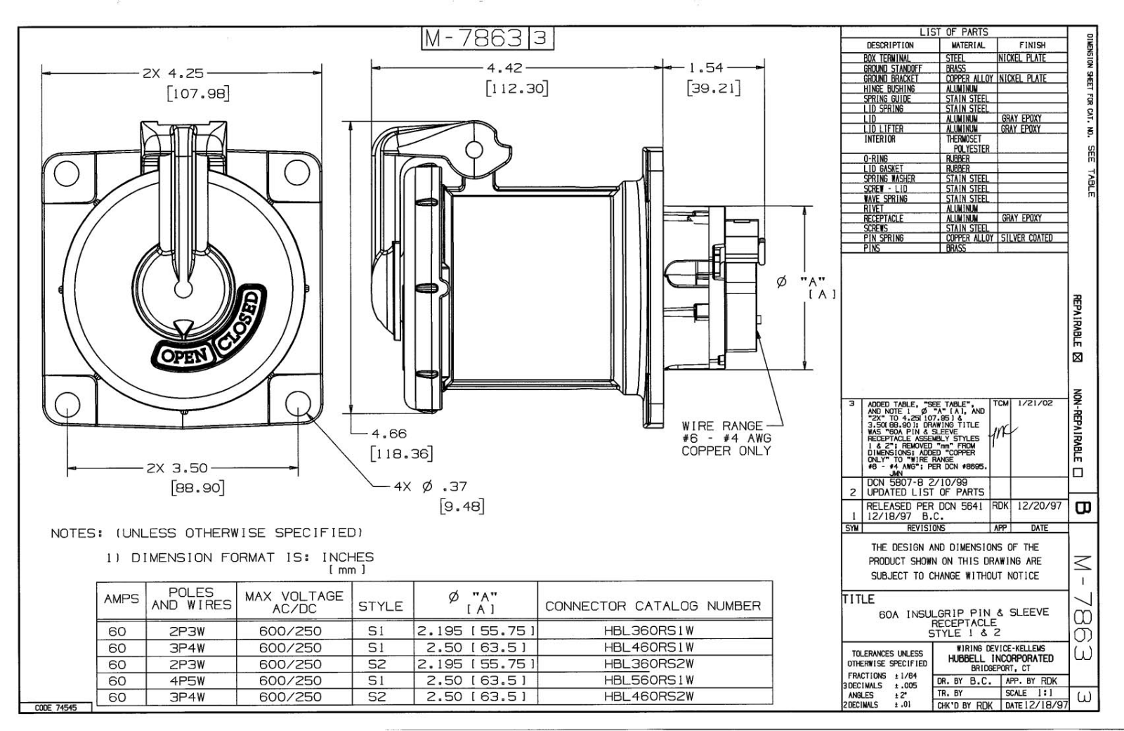 Hubbell HBL360RS1W Reference Drawing