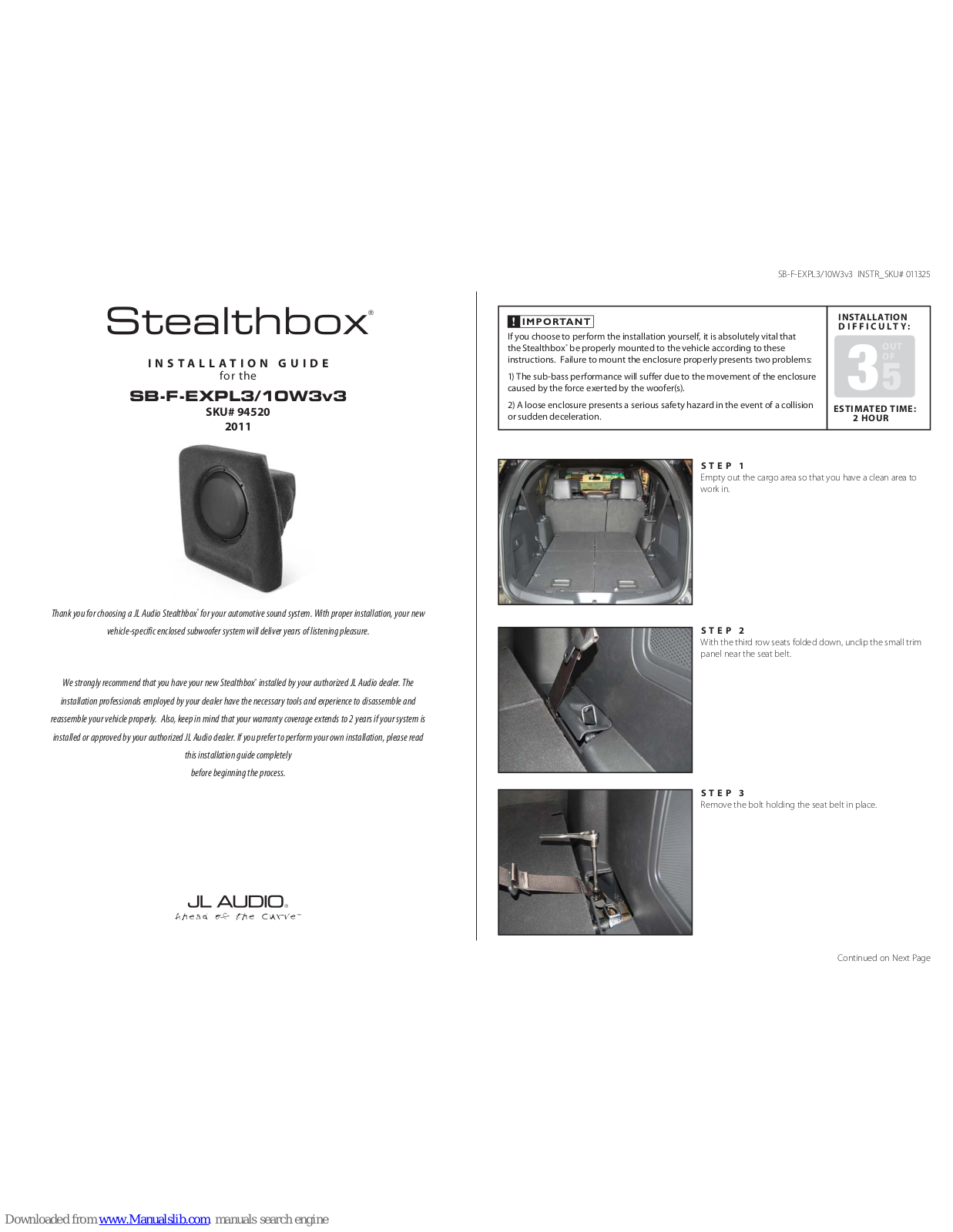 JL Audio Stealthbox SB-F-EXPL3/10W3v3 Installation Manual