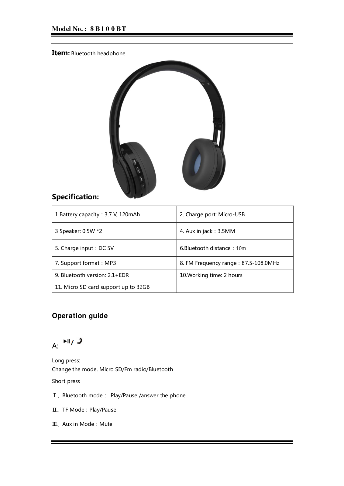 Eurosun 8B100BT Users manual