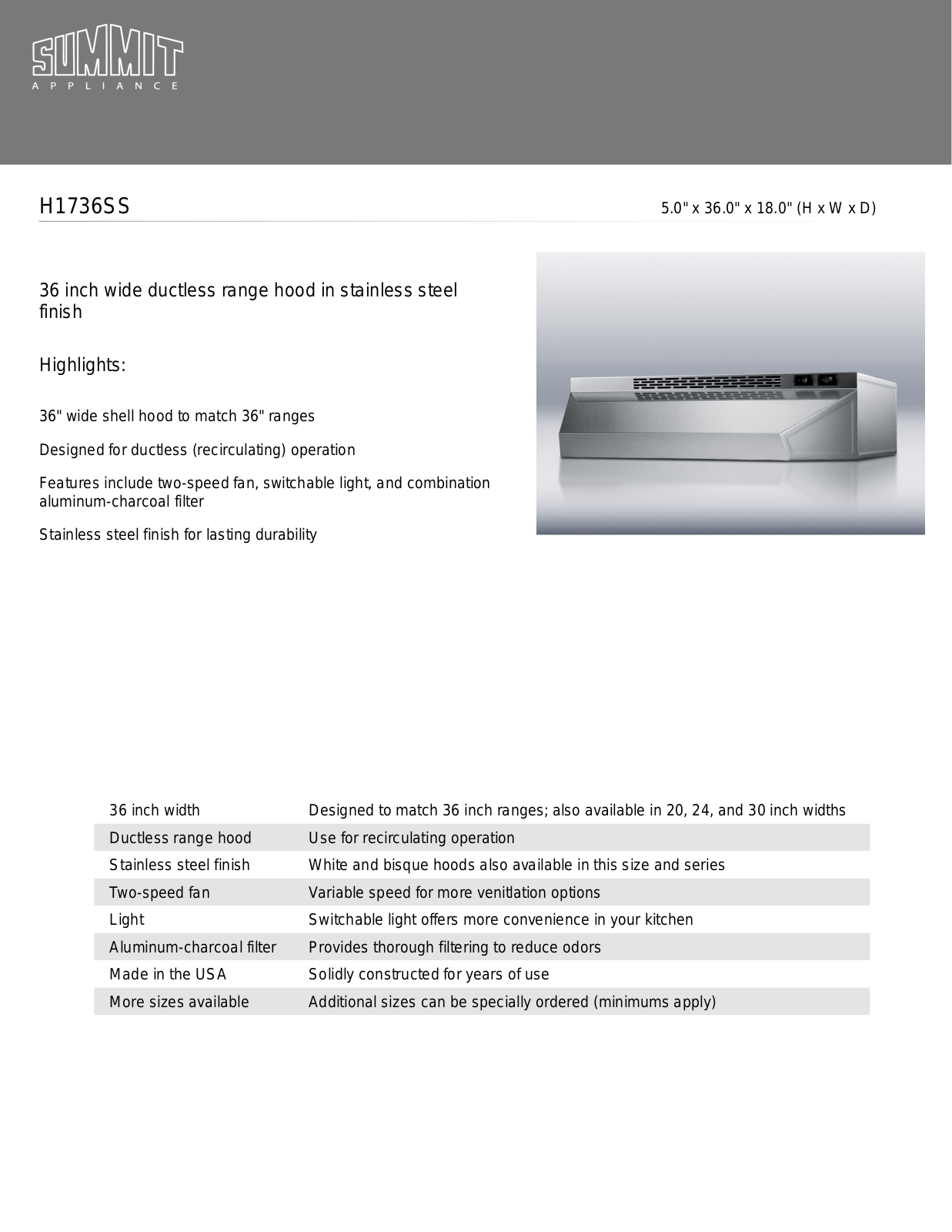 Summit H1736SS User Manual - ManualMachine.com