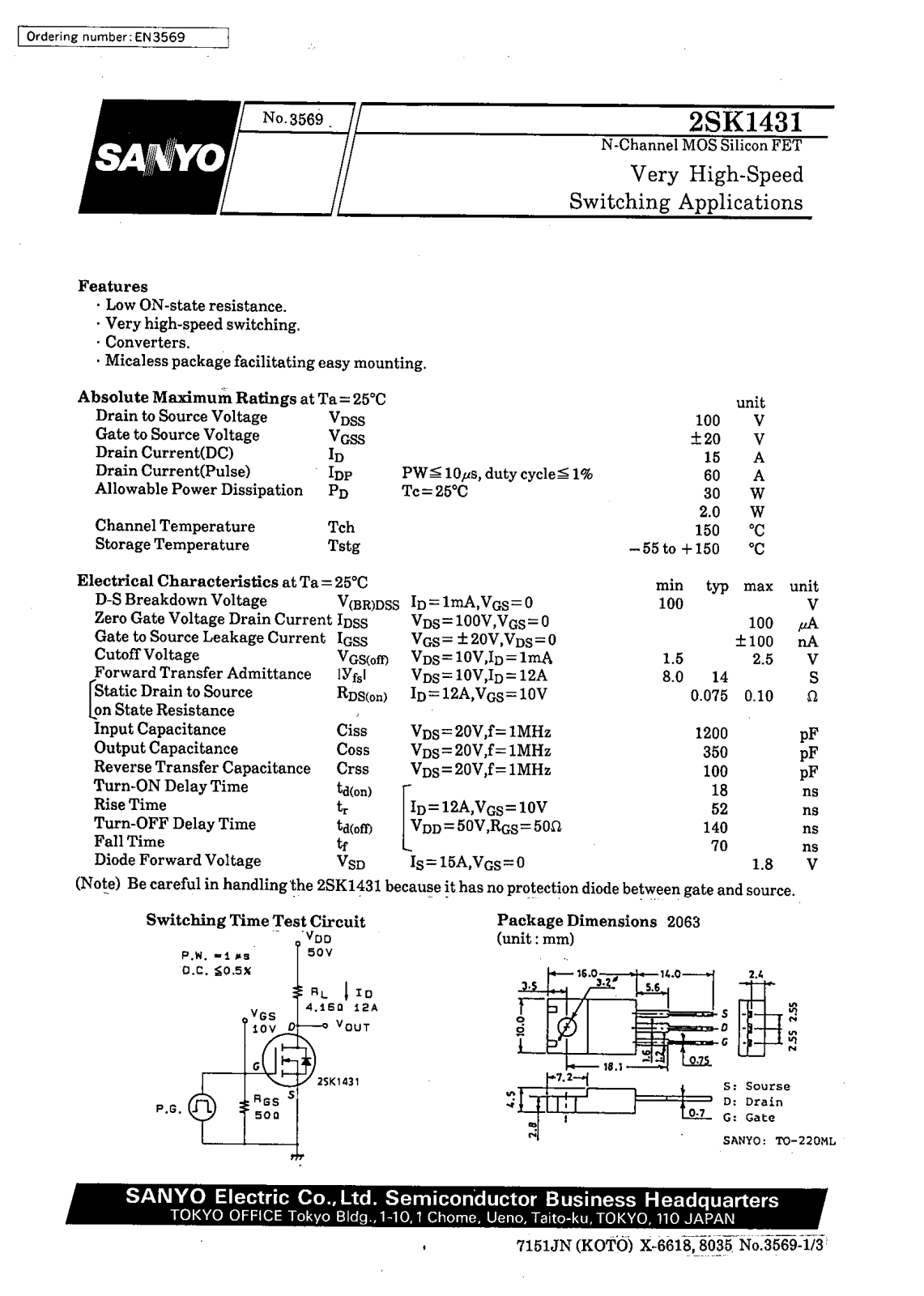 SANYO 2SK1431 Datasheet