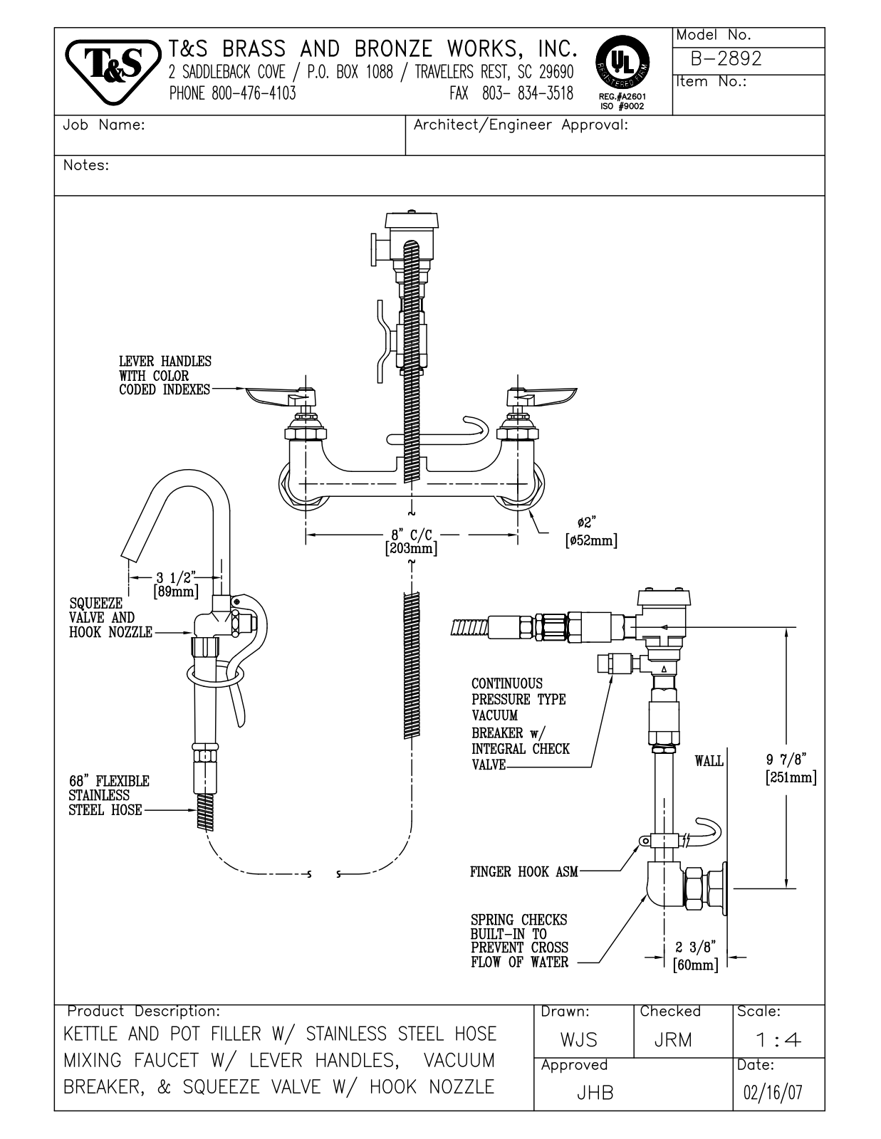 T & S Brass & Bronze Works B-2892 General Manual