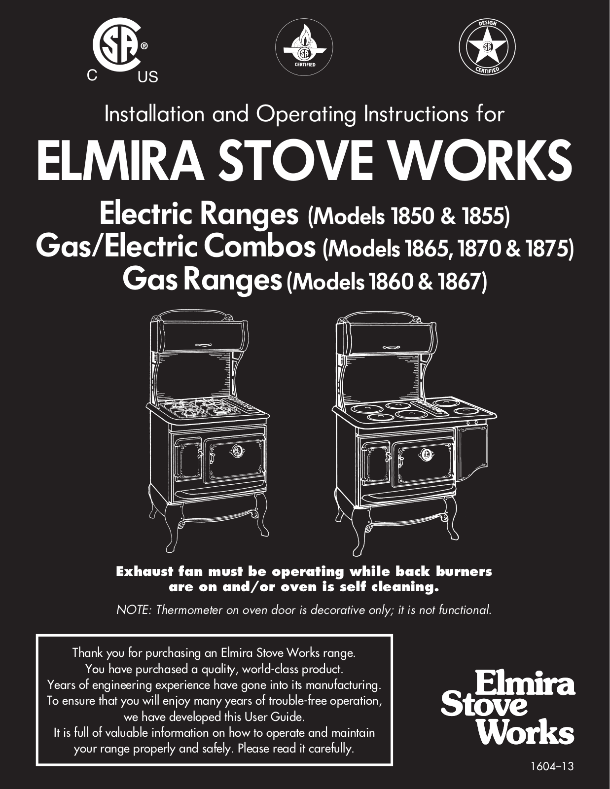 Elmira Stove Works 1875CBLP, 1875CB, 1875XLP, 1870XW, 1870XALP INSTALLATION INSTRUCTIONS AND OPERATION MANUAL