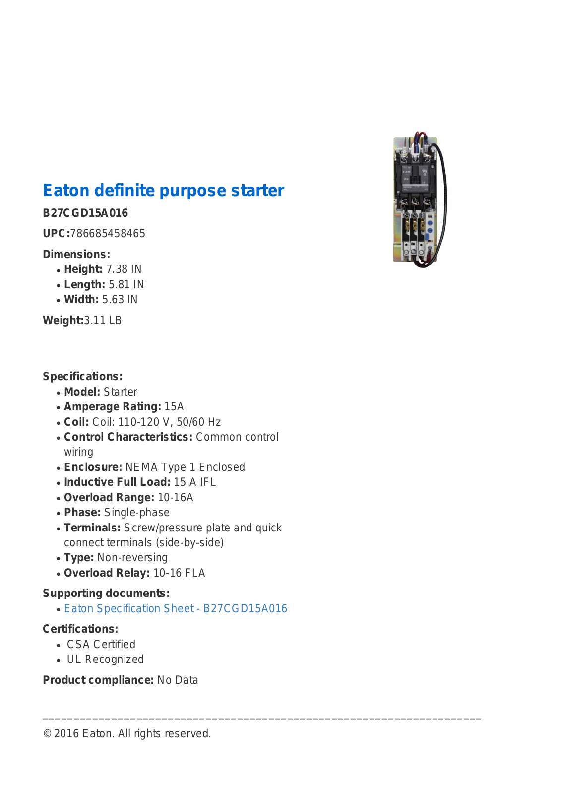 Cutler Hammer, Div of Eaton Corp B27CGD15A016 Specifications