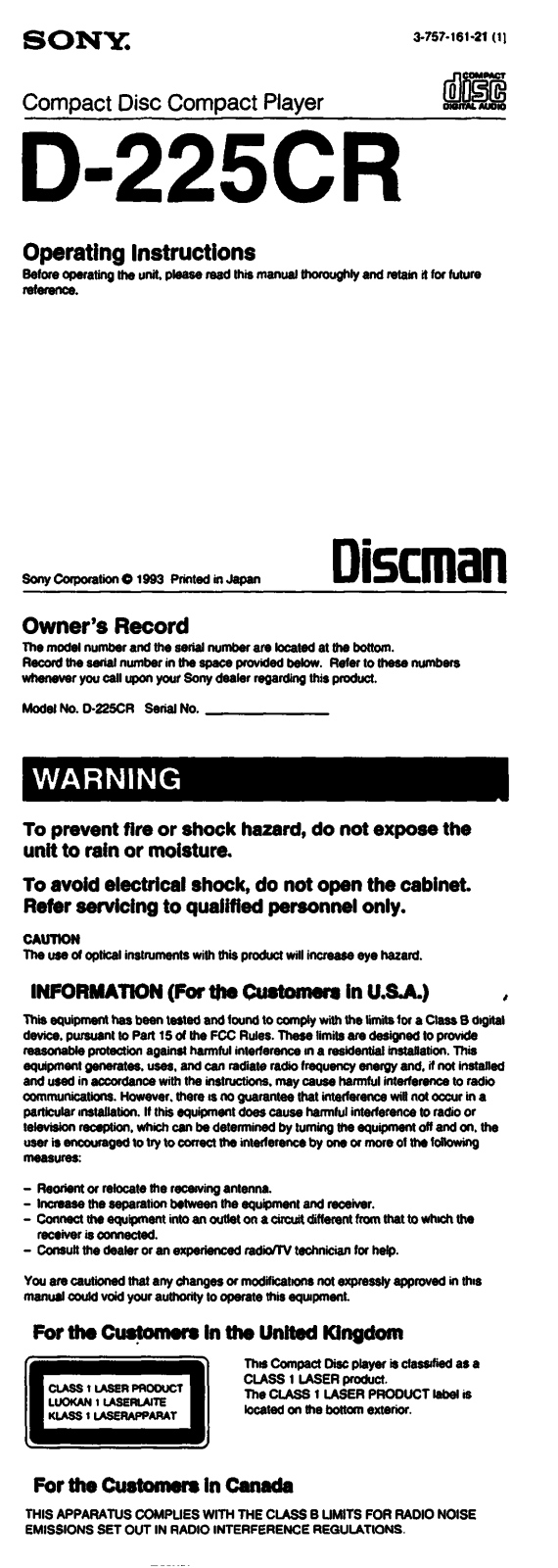 Sony D225CR Operating Instructions