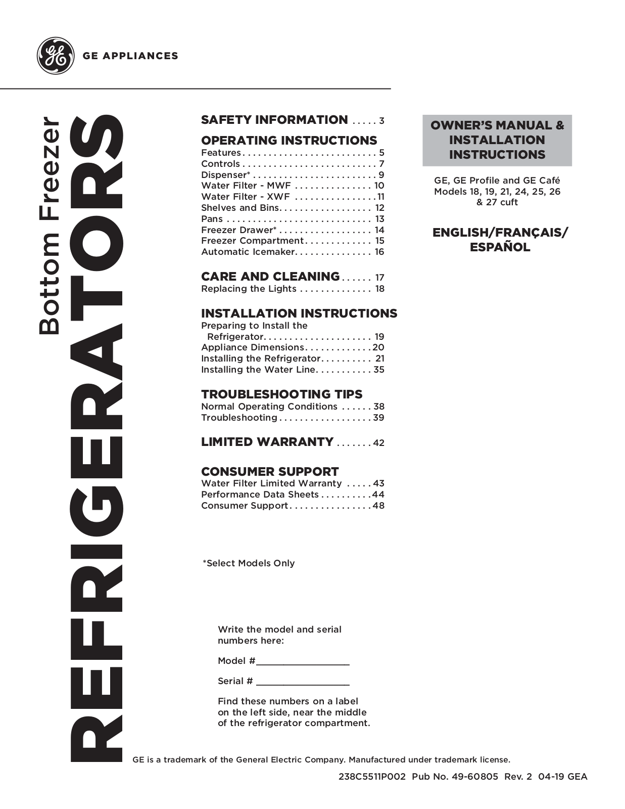 GE GDE21D, GDE21E, PDE21K, GDE25E, GNE21D Owner's Manual & Installation Guide