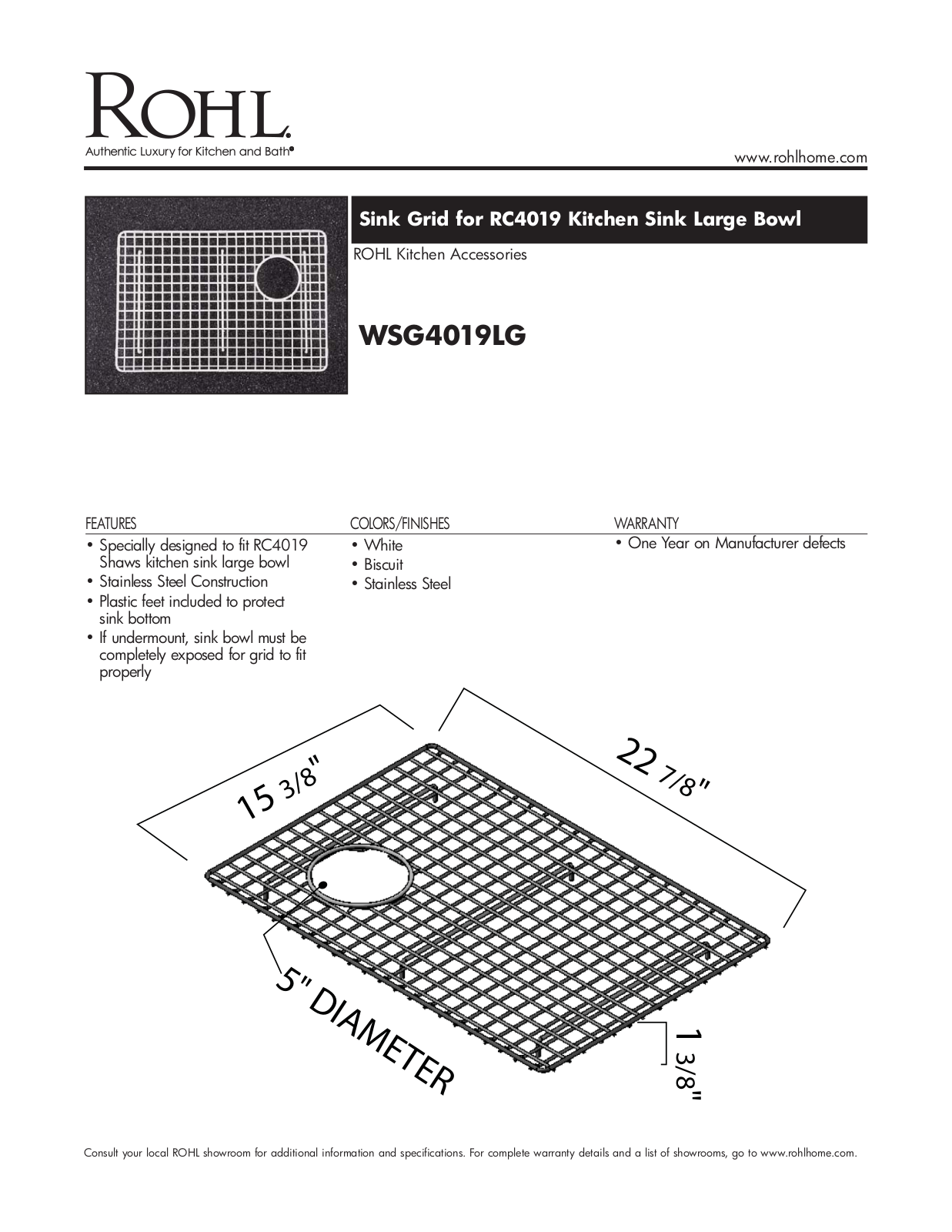 Rohl WSG4019LG Specification Sheet