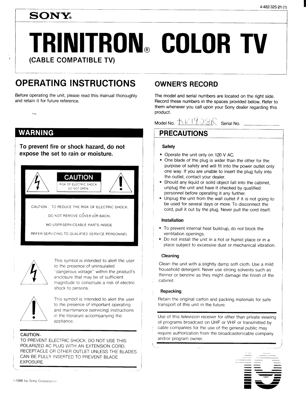 Sony KV-1928R Operating manual