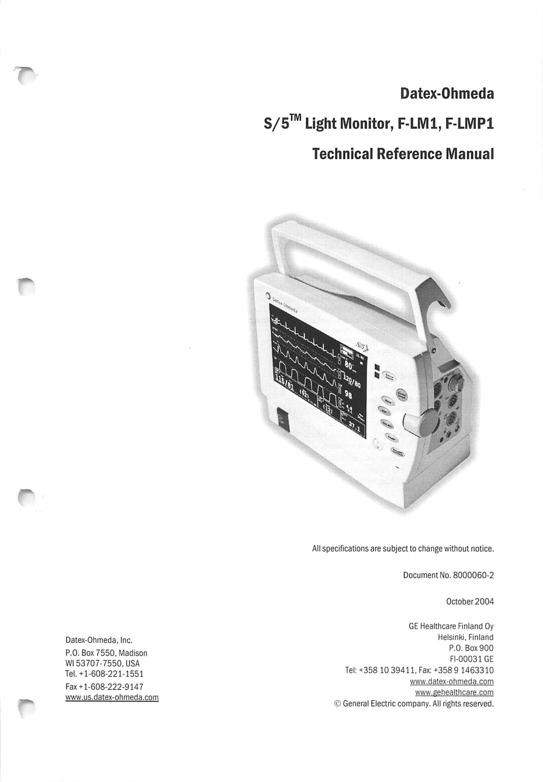 Datex-Ohmeda S-5 Light Technical reference manual (2004)