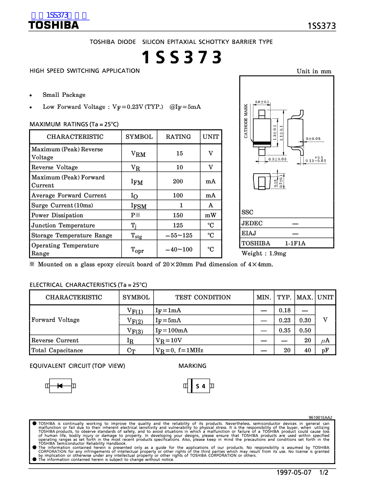 TOSHIBA 1SS373 Technical data