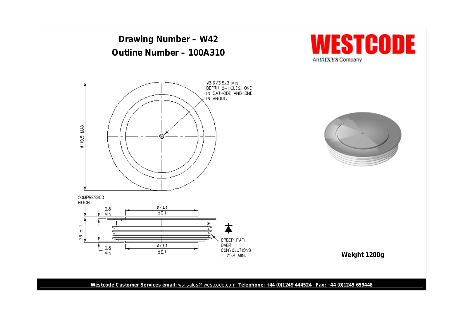 Westcode Semiconductors W42 100A310 Dimensional Sheet