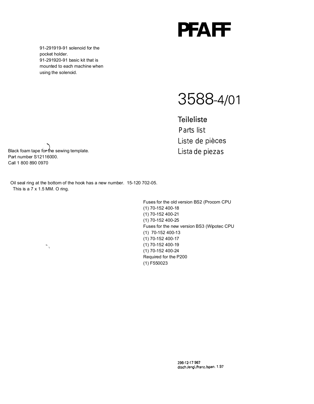 Pfaff 3588-4/01 Parts List