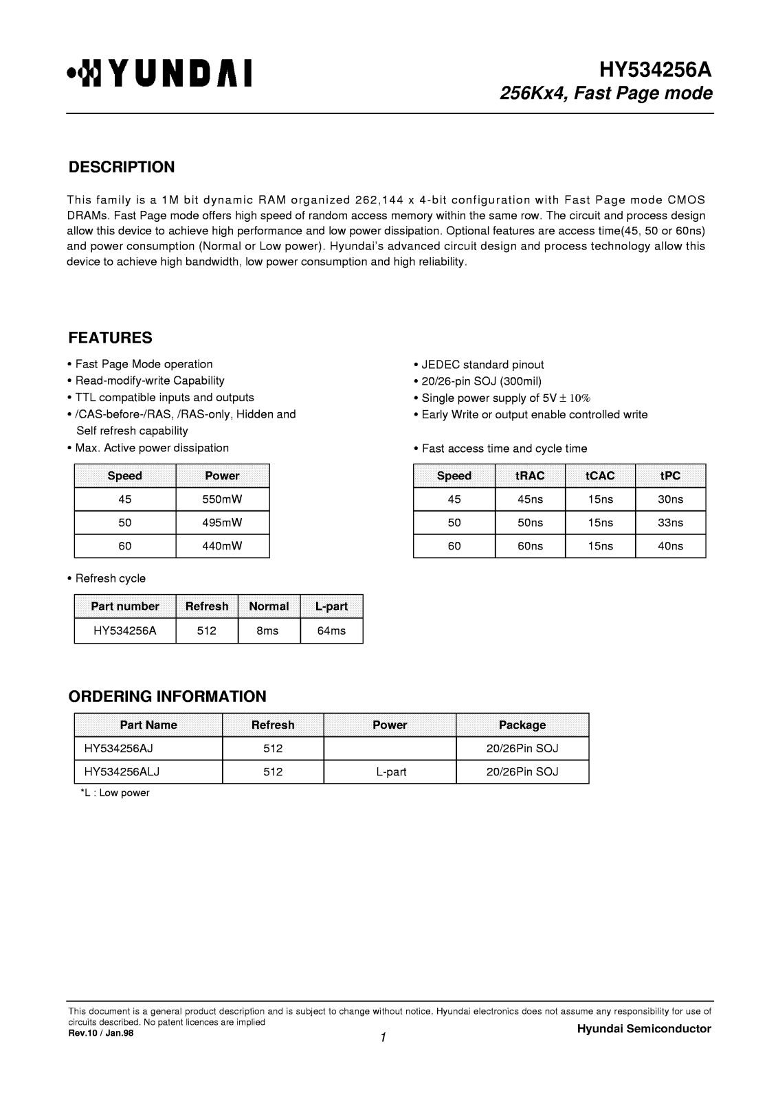 HEI HY534256ALJ-45, HY534256ALJ-50, HY534256AJ-45, HY534256AJ-50 Datasheet