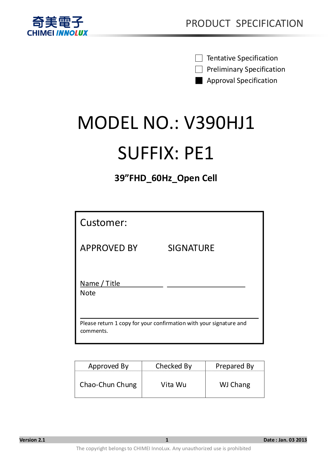 CHIMEI INNOLUX V390HJ1-PE1 Specification