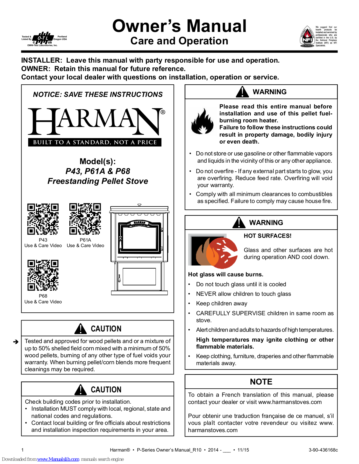 Harman Stoves P43, P68, P61A Owners Manual Care And Operation