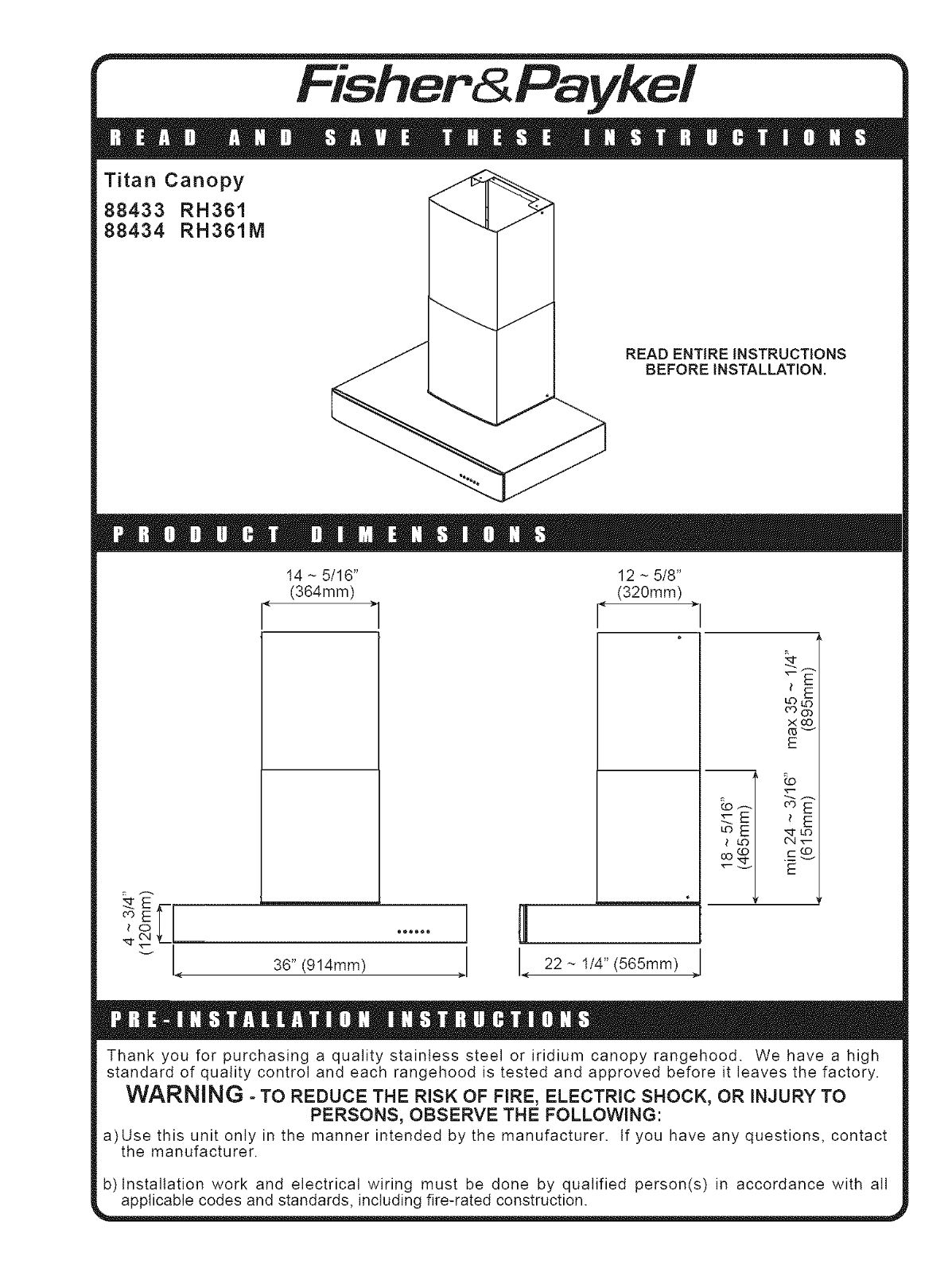 Fisher & Paykel HC36DXB1-88507A, RH361, RH361-88433, RH361M-88434 Installation Guide - ManualMachine.com