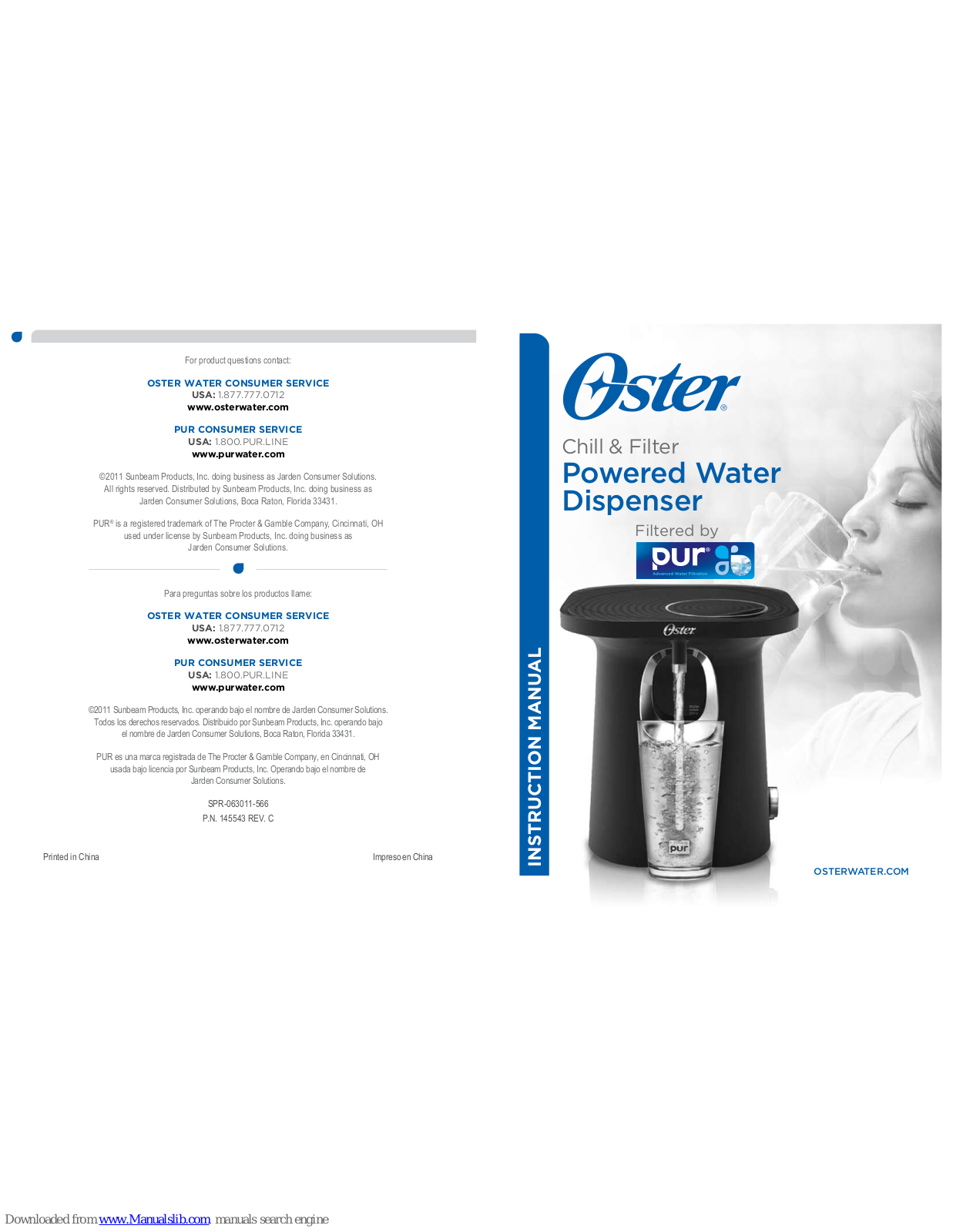 Oster Chill & Filter Powered Water Dispenser, NDSTOFWPBS Instruction Manual