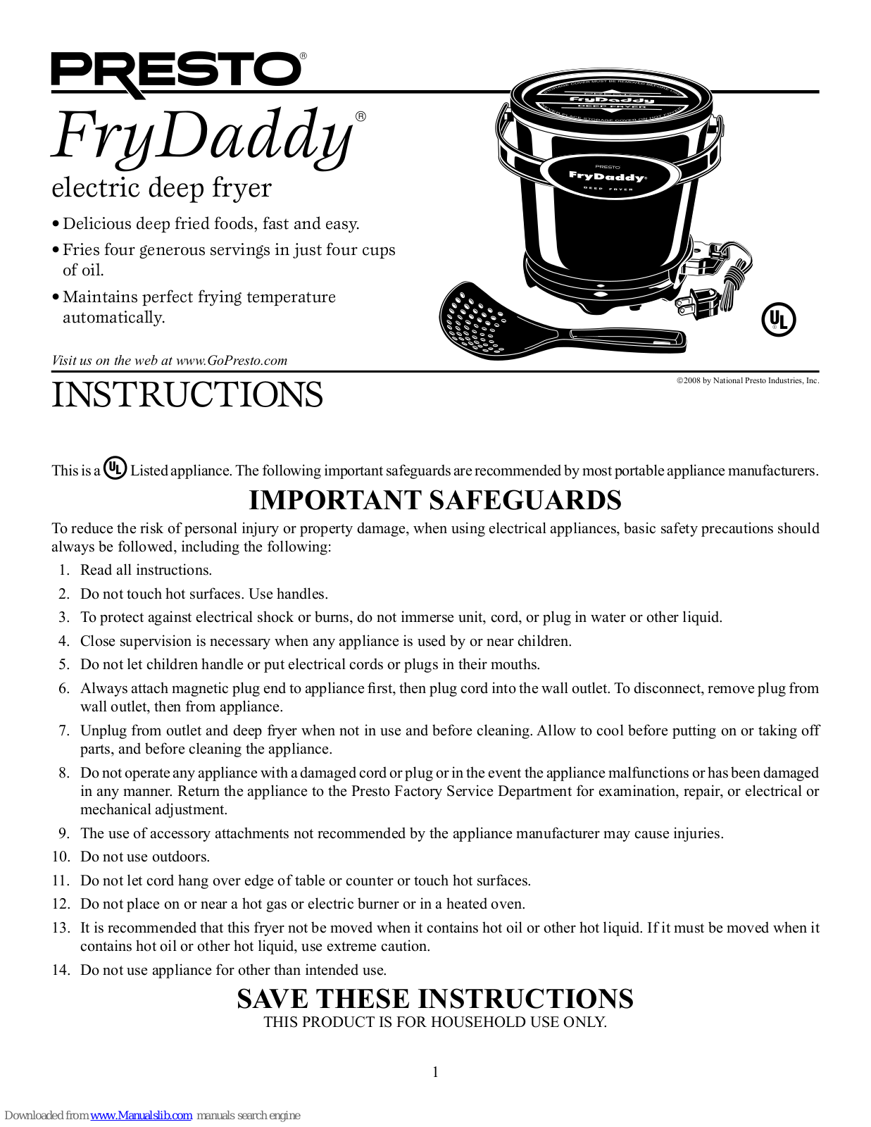 Presto FryDaddy electric deep fryer Instructions Manual