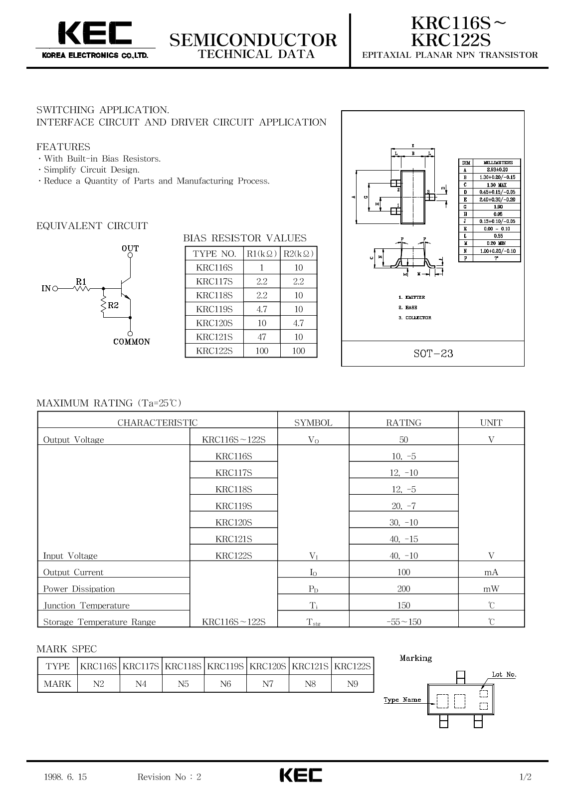 KEC KRC122S, KRC121S, KRC119S, KRC118S, KRC117S Datasheet