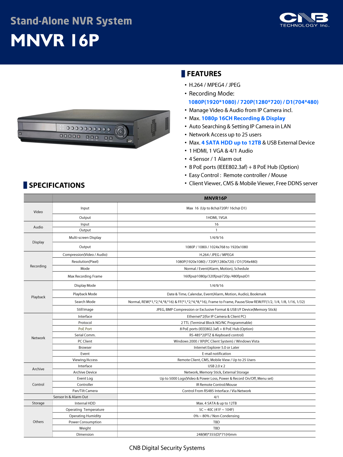 CNB MNVR16-POE Specsheet