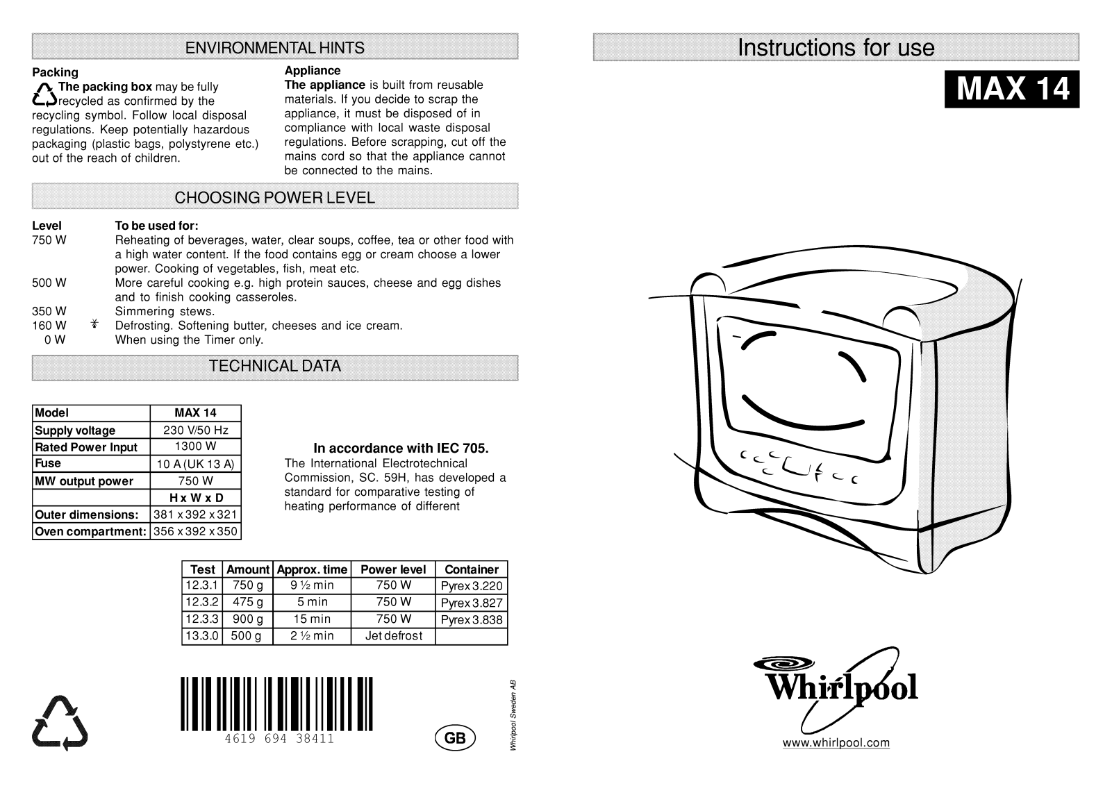 Whirlpool MAX 14 WH D, MAX 14 WA D INSTRUCTION FOR USE