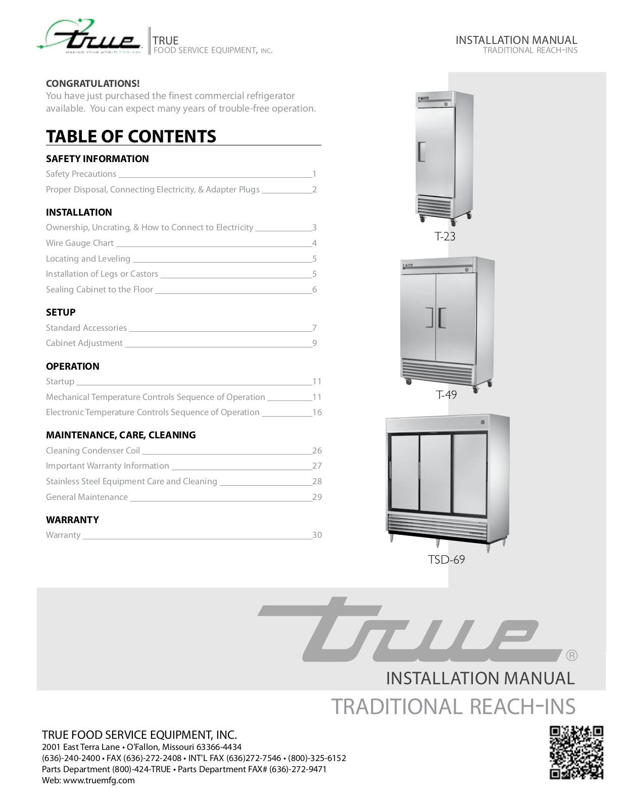 True Refrigeration T-49, TSD-69, T23 Installation  Manual